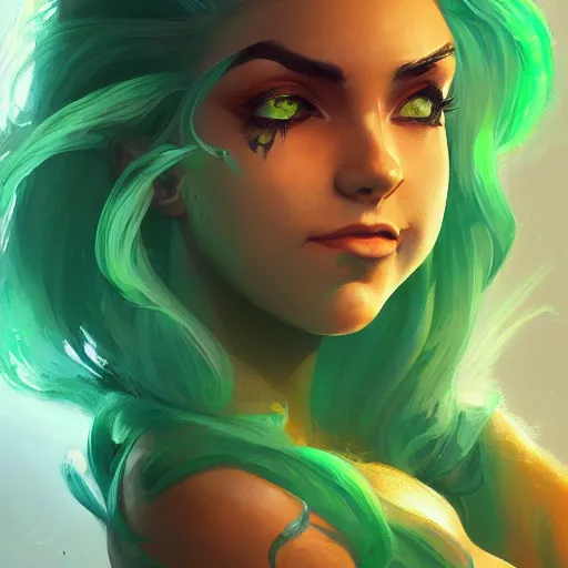 Image similar to beautiful woman with glowing green hair, portrait, maya ali mage, gloomhaven, dynamic lighting, gaudy colors, octane render aesthetic, matte painting concept art, official fanart behance hd artstation by jesper ejsing, by rhads and makoto shinkai and lois van baarle and ilya kuvshinov and rossdraws