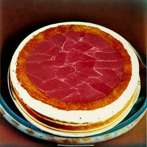 Image similar to “70s food photography of a cake made of ham”