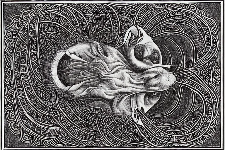 Image similar to an ornate illustration in the styles of mandalas and fractals, the styles of escher and penrose, depicting a weasel staring deep into the heart of the impossible all - and - nothing of the emerging singularity ; / what has god wrought? / he seems to be whispering.