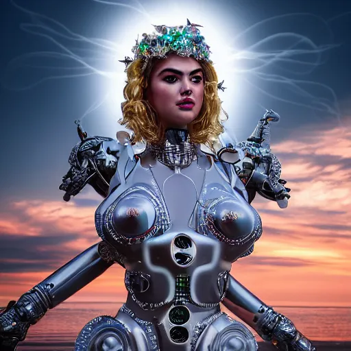 Image similar to beautiful Fine art photo portrait of enraptured Kate Upton as a solarpunk robotic goddess, white mechanical parts with led lights, photorealistic, white background, highly detailed and intricate, sunset lighting, HDR 8k