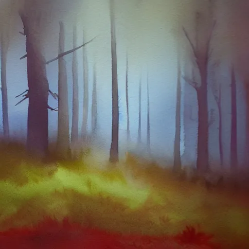 Image similar to watercolor painting of a forest in the fog by the ocean, dramatic lighting, peaceful