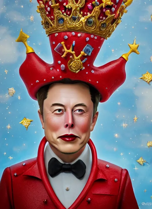 Image similar to closeup face profile portrait of tin toy elon musk as a fairytale prince wearing a crown eating cakes, depth of field, zeiss lens, detailed, symmetrical, centered, fashion photoshoot, by nicoletta ceccoli, mark ryden, lostfish, breathtaking, 8 k resolution, extremely detailed, beautiful, establishing shot, artistic, hyperrealistic, octane render