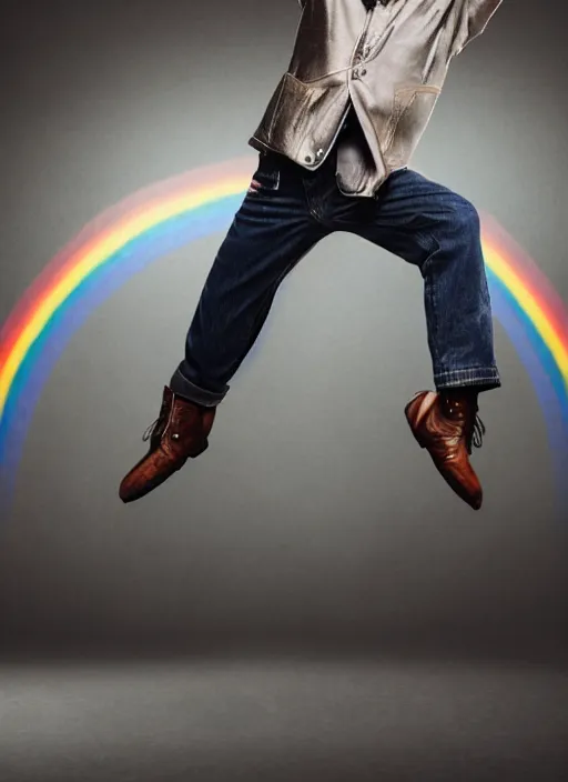 Image similar to japanese man with short hair and a beard wearing denim and leather clothes dancing next to a rainbow, full body portrait, dynamic lighting