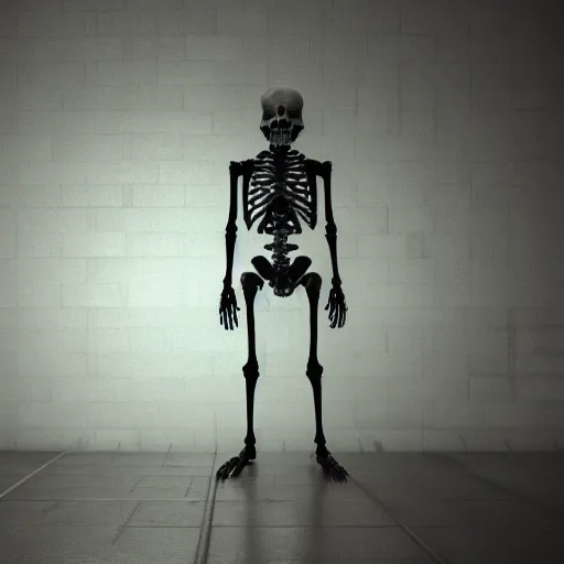 Prompt: neon skeleton in a dark room, photoreal vray