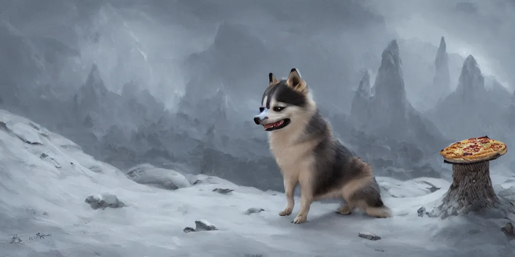 Prompt: breathtaking detailed concept art painting of a pomsky dog eating pizza on the top of a hill. beneath the hill is a tiny village, by hsiao - ron cheng, extremely moody lighting, 8 k