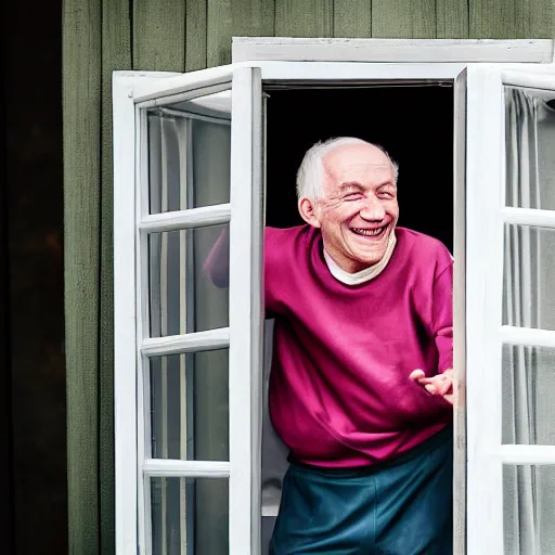 Prompt: a smiling old man dancing through a window