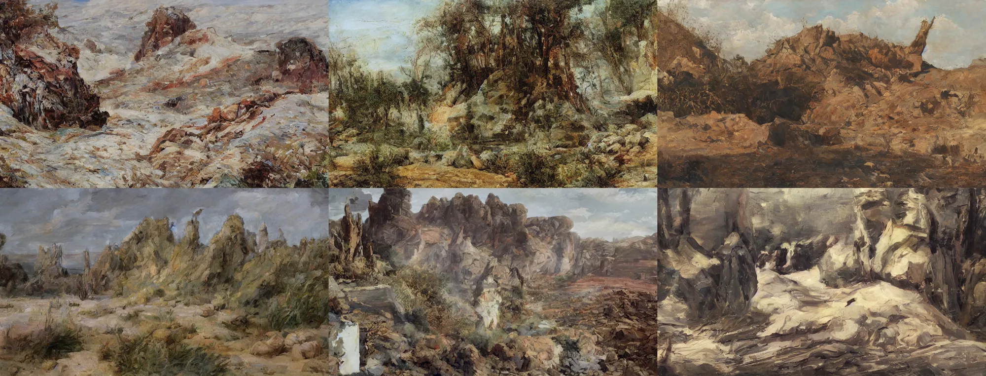 Prompt: dry desert plains with brown cliffs, muddy puddles, and deep pits, oil on canvas by Ivan Shishkin