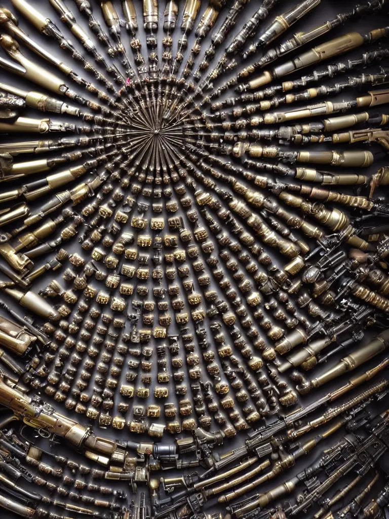 Image similar to close up of kaleidoscope of machine guns, shotguns, rifles, revolvers, bullets, ultra-realistic, intricate details photograph