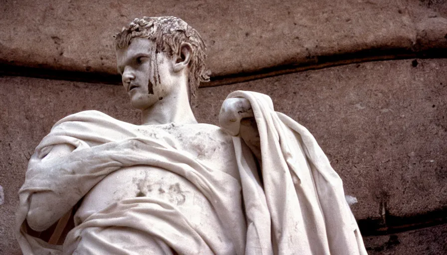 Image similar to 1 9 6 0 s movie still close - up of caligula in a white toga dead on the ancient amphitheater's stairs on a blood flaque, cinestill 8 0 0 t 3 5 mm, high quality, heavy grain, high detail, dramatic light, anamorphic, blood