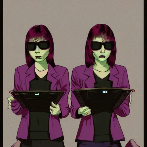 Prompt: twin sister models hacking into the mainframe of the matrix or whatever, in the style of jamie hewlett and riyoko ikeda, photorealistic, epic, super cool