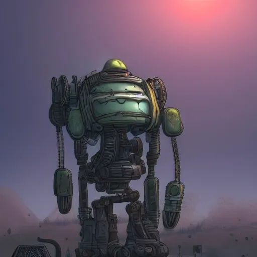 Prompt: a steampunk mech on an alien planet, at sunset with smog