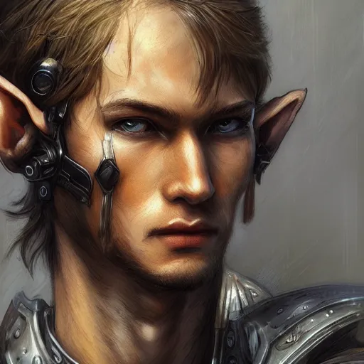 Prompt: portrait of an elf by ayami kojima, he is about 2 0 years old, russian, manly, short brown hair, slender and tall, friendly and smart, he is wearing a modern tactical gear, scifi, highly detailed portrait, digital painting, artstation, concept art, smooth, sharp foccus ilustration, artstation hq