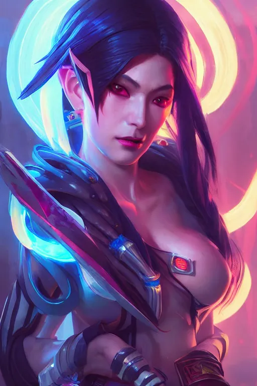 Image similar to irelia from league of legends, cyberpunk futuristic neon. flying kunai's, decorated with traditional japanese ornaments by ismail inceoglu dragan bibin hans thoma greg rutkowski alexandros pyromallis nekro rene maritte illustrated, perfect face, fine details, realistic shaded, fine - face, pretty face, masterpiece