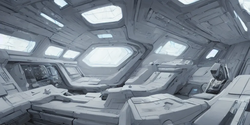 Prompt: super clean white interior of a spaceship, greg rutkowski, 8 k, shallow depth of field, intricate detail, concept art,