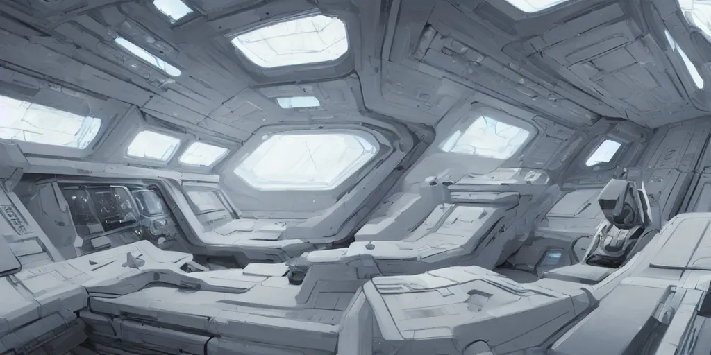 Image similar to super clean white interior of a spaceship, greg rutkowski, 8 k, shallow depth of field, intricate detail, concept art,