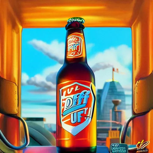 Image similar to Duff beer, marketing, product design, vivid colors, elegant, concept art, sharp focus, digital art, Hyper-realistic, 4K, Unreal Engine, Highly Detailed, HD, Dramatic Lighting by Brom, golden hour, trending on Artstation