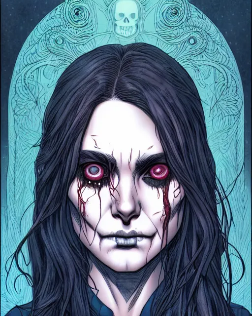 Image similar to comic horror cover art of a beautiful girl with tears in her eyes, skull motif background, illustration by jenny frison and sana takeda, intricate details, stunning inking lines, stunning gradient colors, 4 k, hd, artstation, award winning