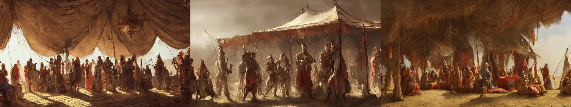 Prompt: group of turkic people talking in a ornate tent, papyrus, watercolored, jakub rozalski, artstation