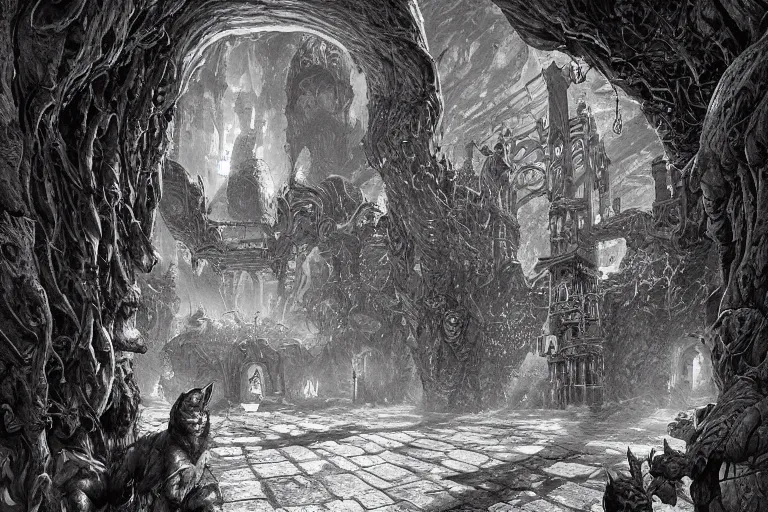 Prompt: black and white one point perspective dungeon cozy fantasy dungeon you find the scaly lair of rambrain, the burrowed werewolf-kosmos artgerm and Craig Mullins, James Jean, Andrey Ryabovichev, Mark Simonetti and Peter Morbacher 16k