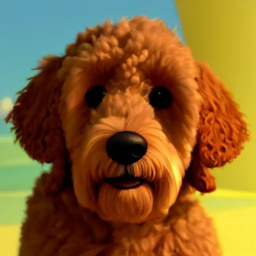 Prompt: goldendoodle in pixar movie, photorealistic rendering. artstation, 4 k, hyperrealism