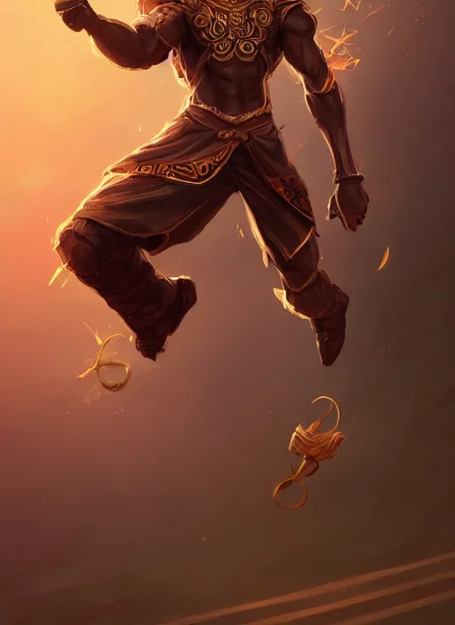 Image similar to a highly detailed illustration of attractive young african fire god with short hair, wearing track and field suit, heroic jumping pose, intricate, elegant, highly detailed, centered, digital painting, artstation, concept art, smooth, sharp focus, league of legends concept art, wlop