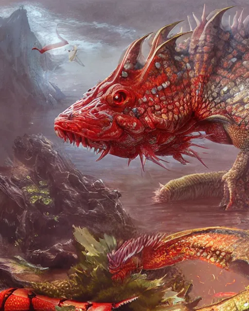 Image similar to game character beautiful giant kaiju sized pond dragon half fish half salamander, wet amphibious skin, red salamander, axolotl creature, koi pond, korean village by Ruan Jia and Gil Elvgren, fullbody