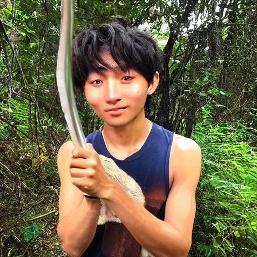 Image similar to korean mowgli, 2 0 years old, with long unkempt and slightly curly hair, holding a torch in one hand and an iphone in the other hand, standing in the jungles of jeju island