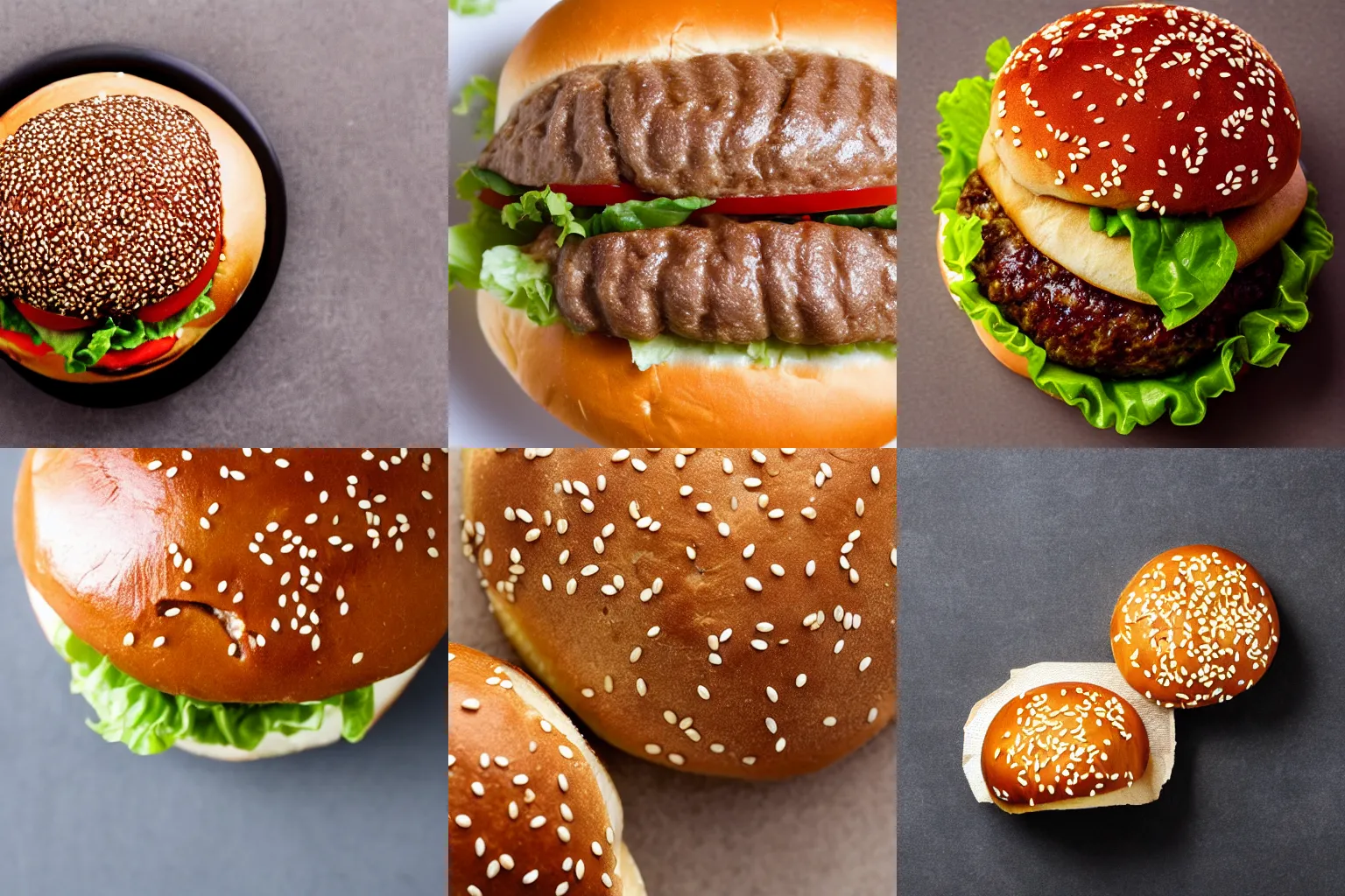 Prompt: a hamburger with a sesame seed bun. top down view.