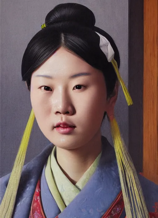 Image similar to portrait of a beautiful chinese girl in old beijing, painting by hun liu, oil on canvas, hyperrealism