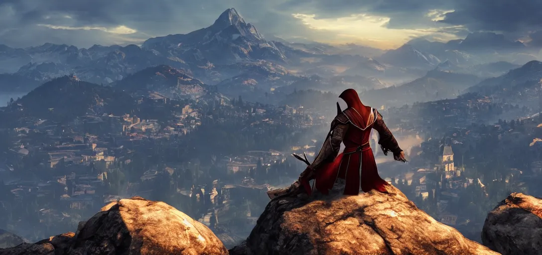 Prompt: Ezio Auditore from Assassin's Creed sitting at the top of a rocky mountain looking at a beautiful sunrise in the distance in italy