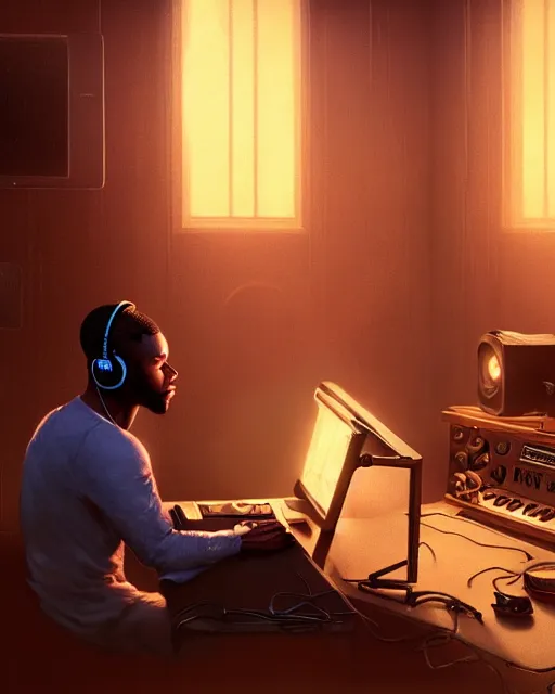 Image similar to light skin black man with headphones at his home studio producing music late at night, very detailed, 4 k, concept art like ernest khalimov, intricate details, highly detailed by greg rutkowski, ilya kuvshinov, gaston bussiere, craig mullins, simon bisley