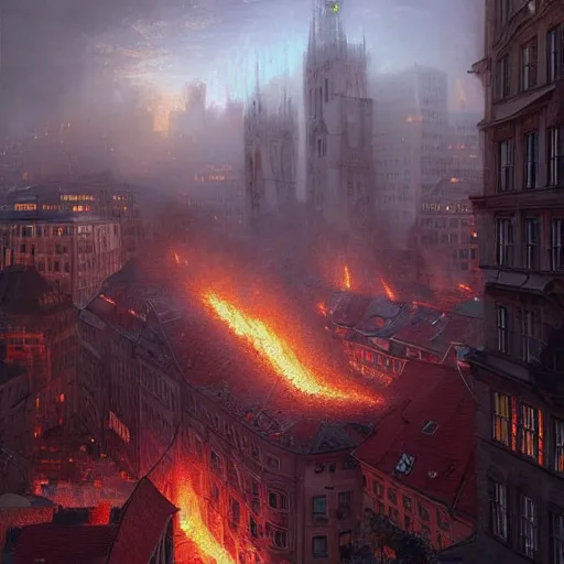 Prompt: city of munich destroyed by a meteor!!!, rubble!!, fires!!, jewish bankers running away in panic!!!, hyperrealistic, highly detailed, cinematic, foggy light from fires, beautiful, cgssociety, artstation, 8 k, oil painting by greg rutkowski, by artgerm, by wlop