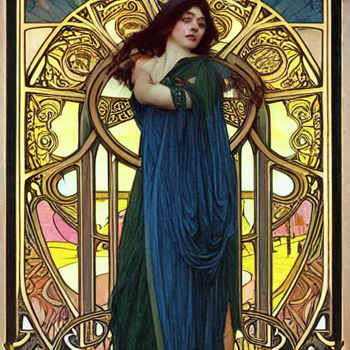 Image similar to detailed portrait art nouveau painting of the goddess of the sun who resembles Anya Taylor Joy, Chloe Grace Moretz, and Emma Watson in a art nouveau cathedral by Alphonse Mucha, Michael Whelan, William Adolphe Bouguereau, John Williams Waterhouse,