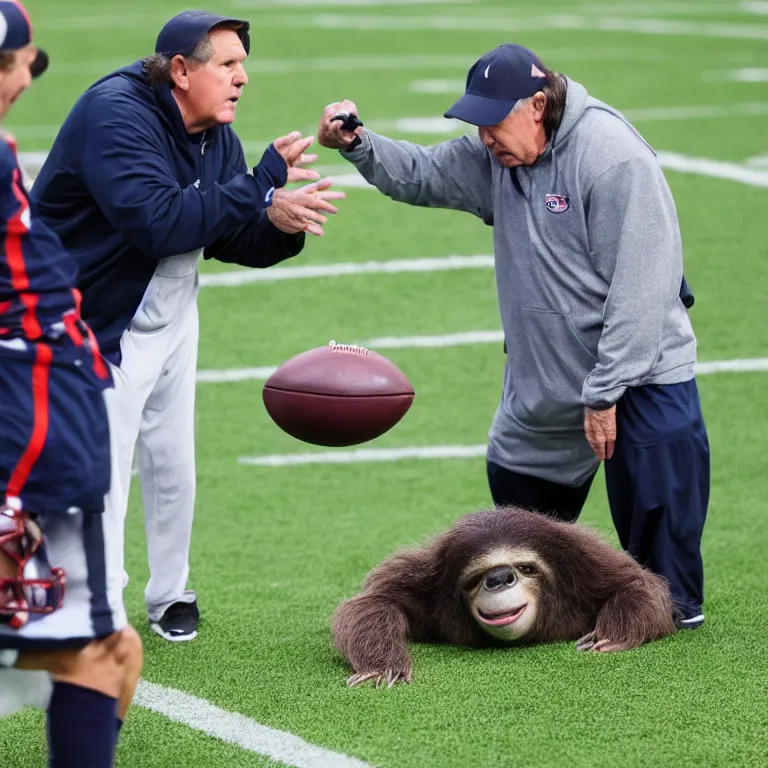 Prompt: A frustrated coach Belichick attempting to teach a sloth to play football