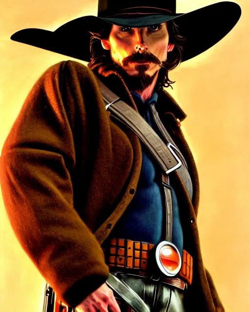 Prompt: christian bale as mccree from overwatch, character portrait, portrait, close up, highly detailed, intricate detail, amazing detail, sharp focus, vintage fantasy art, vintage sci - fi art, radiant light, caustics, by boris vallejo