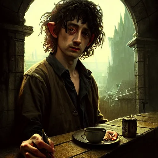 Prompt: Drug addict hobbit with crazy eyes smoking in a dark alley, ultra realistic, concept art, intricate details, dark, highly detailed, photorealistic, octane render, 8k, unreal engine, art by artgerm and greg rutkowski and alphonse mucha