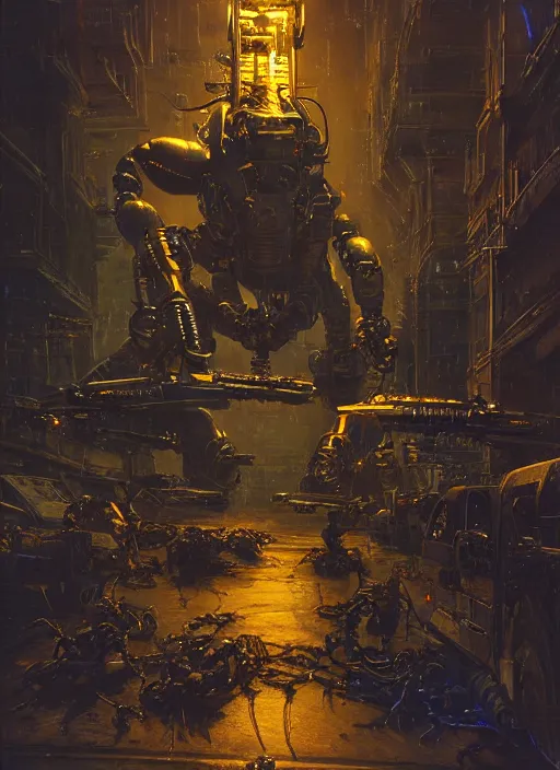 Prompt: large chunky robot scorpion bristling with weapons, neal asher sci - fi, cyberpunk, conceptual, hyperdetailed, donato giancola, james gurney, neon lights, mood lighting, rust