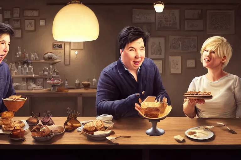 Image similar to portait of michael mcintyre and middle aged blonde woman with short hair and a blonde woman with long hair having dessert at sunday in brooklyn restaurant, anatomy, bathed in light, highly detailed, photorealistic, artstation, smooth, sharp focus, illustration, unreal engine 5, 8 k, art by artgerm and greg rutkowski and edgar maxence