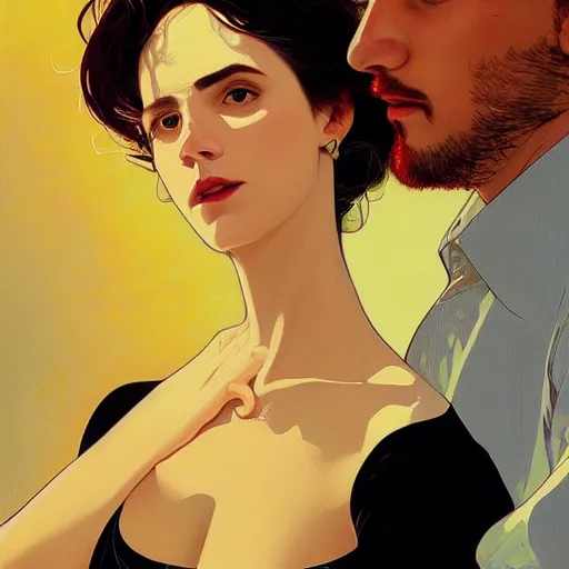 Prompt: Close-up portrait of A beautiful female wine enthusiast with her boyfriend, Joshua Middleton artwork, dramatic backlighting, golden hour, autochrome, high contrast, highly detailed, sharp focus, digital painting, concept art, illustration, cyberpunk, solarpunk, trending on artstation, art by Phil Noto and Alex Toth, composition by alphonse mucha