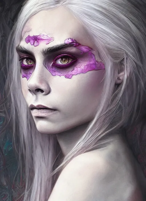 Prompt: Cara Delevigne, white hair, magenta shirt, gentle smile, beautiful detailed eyes, dirty, fantasy, intricate, rough, highly detailed, digital painting, 4k, HDR, concept art, detailed jewelry, smooth, sharp focus, illustration, art by Artgerm, H R Giger and Alphonse Mucha