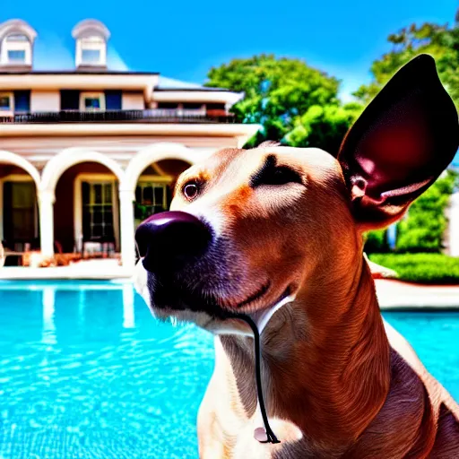 Image similar to a very detailed photo of a dog ( smoking a cigar ) outside the mansion by the pool