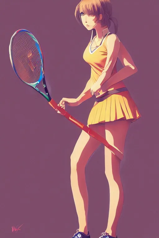 Image similar to a girl holding a tennis racket, full shot, intriguing outfit, fine - face, realistic shaded perfect body, fine details. night setting. very anime style. realistic shaded lighting poster by ilya kuvshinov katsuhiro, magali villeneuve, artgerm, jeremy lipkin and michael garmash, rob rey and kentaro miura style, trending on art station