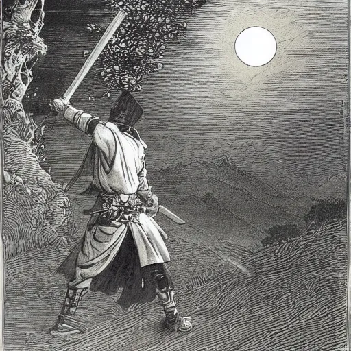 Image similar to samurai wielding a sword, moon, forest, night, illustration by Gustave Doré