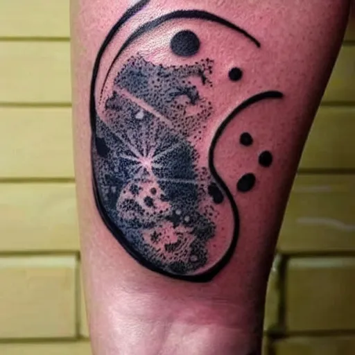 Image similar to a small black tattoo based on the universe on the arm, whole tattoo, realistic, very detailed