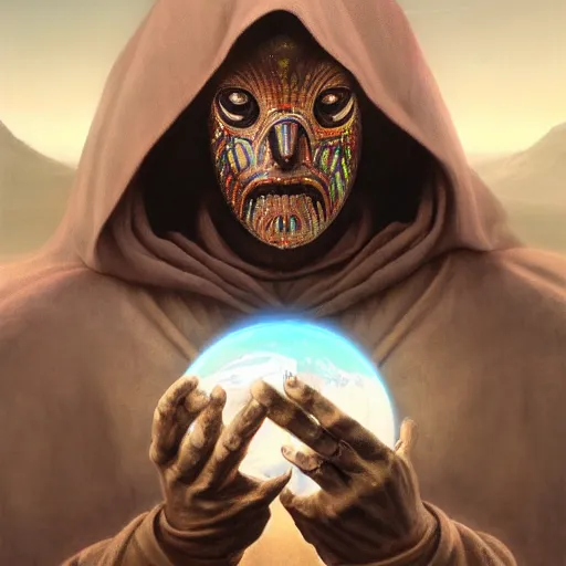 Image similar to masked nomad male wearing a cloak on an alien world and holding a holographic planet projection in his hand, detailed, sci - fi, digital painting, artstation, sharp focus, illustration, ominous, artgerm, tomasz alen kopera, peter mohrbacher, donato giancola, joseph christian leyendecker, wlop, frank frazetta