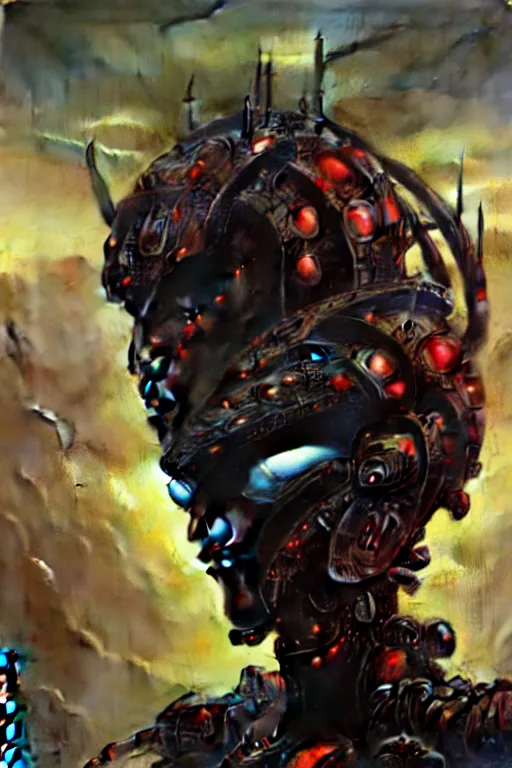 Image similar to akira from chinese mythology, hi - tech luciferian synthetic, gorgeous and huge head ornaments, dystopian, cyberpunk, mecha, cinematic dramatic light, ominous, intricate, studio, malekith concept art, zoomed out, beksinski, alphonse mucha, concept art, 4 k, sharp focus