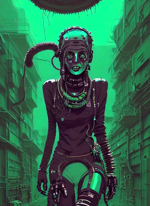 Image similar to highly detailed portrait of wasteland punk long dripping green poison hair tribal lady, stray wiring by atey ghailan, james gilleard, by joe fenton, by greg rutkowski, by greg tocchini, by kaethe butcher, 4 k resolution, gradient purple, brown and black and white color scheme!!! ( ( green flaming robotic sewer background ) )