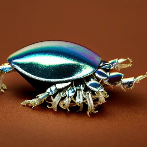 Image similar to 9 0 mm studio photograph tiny, abstract iridescent metallic giant isopod. from a distance. white background. long shot. centered in frame