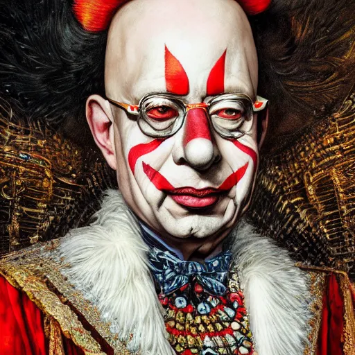 Image similar to UHD photorealistic detailed image of Klaus Schwab dressed as Emperor wearing extremely intricate clown makeup by Ayami Kojima, Amano, Karol Bak, tonalism