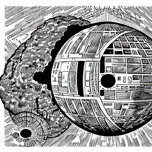 Prompt: mcbess illustration of an exploding death star